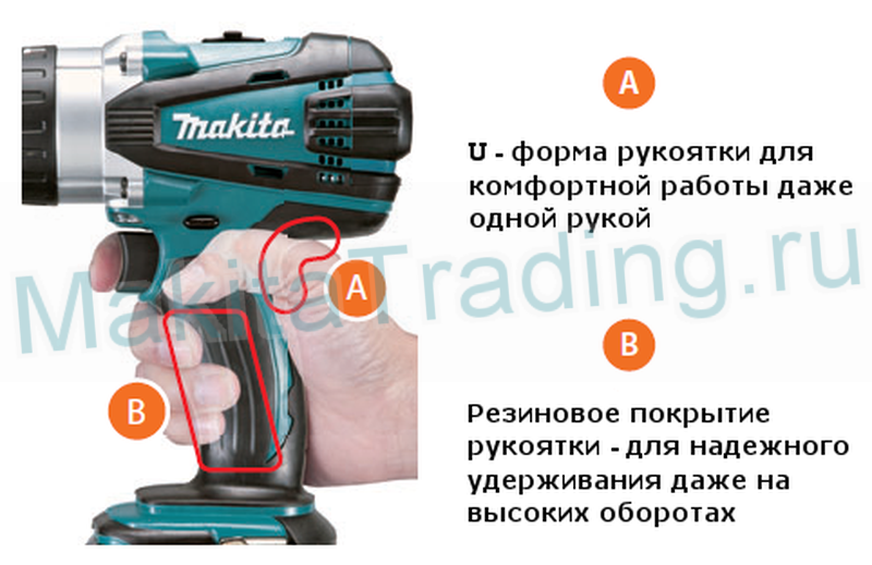 продуманная форма рукоятки шуруповерта makita ddf458